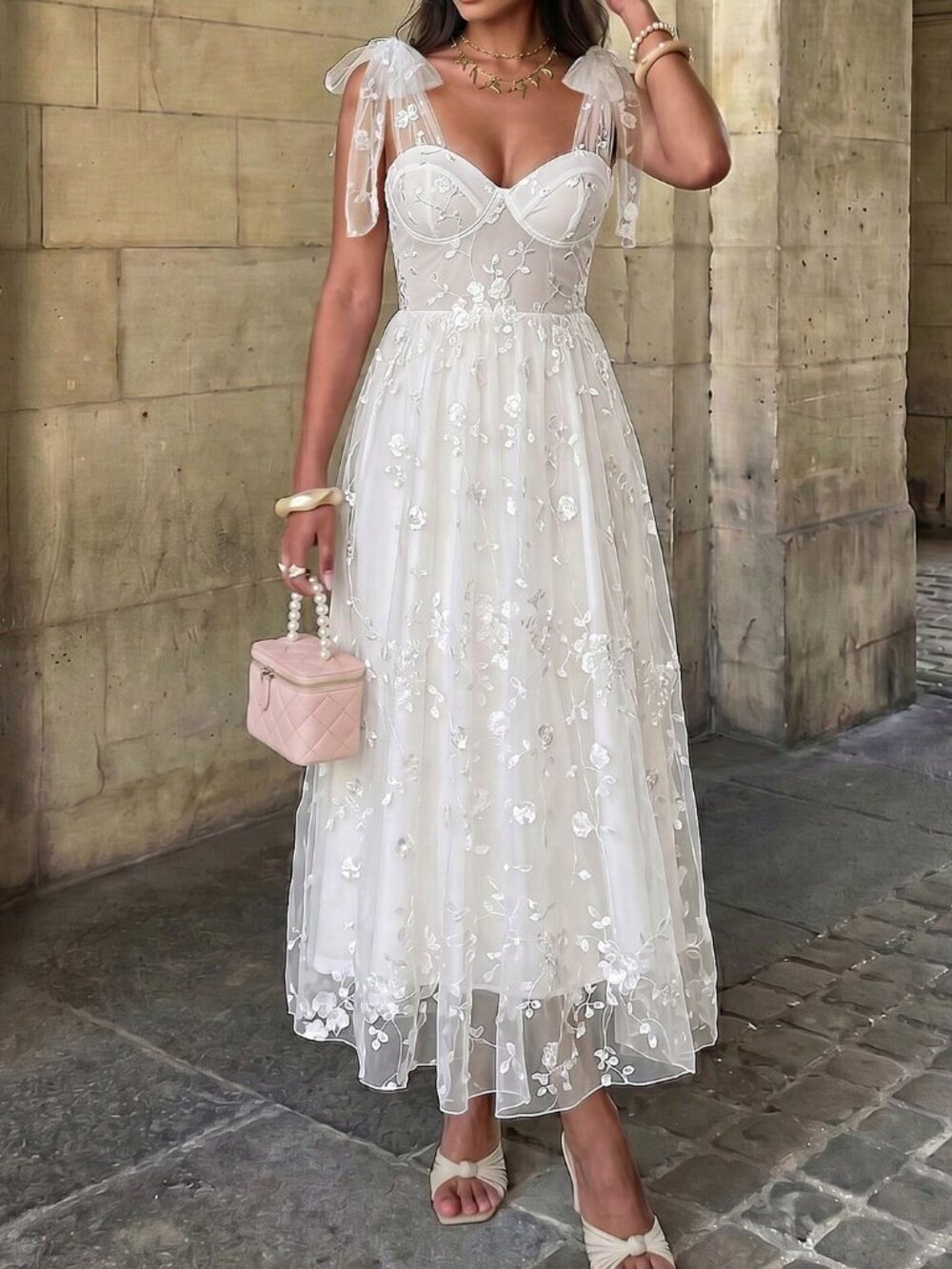 White Elegant Women's lacey midi Dress - Picture 6 of 6
